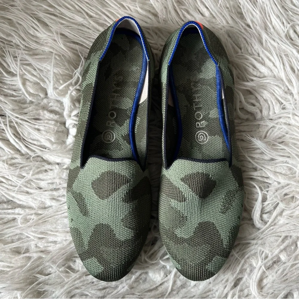 Rothy’s The Loafer Olive Camo Green Round Toe Knit Recycled Flat Shoe Size 10.5